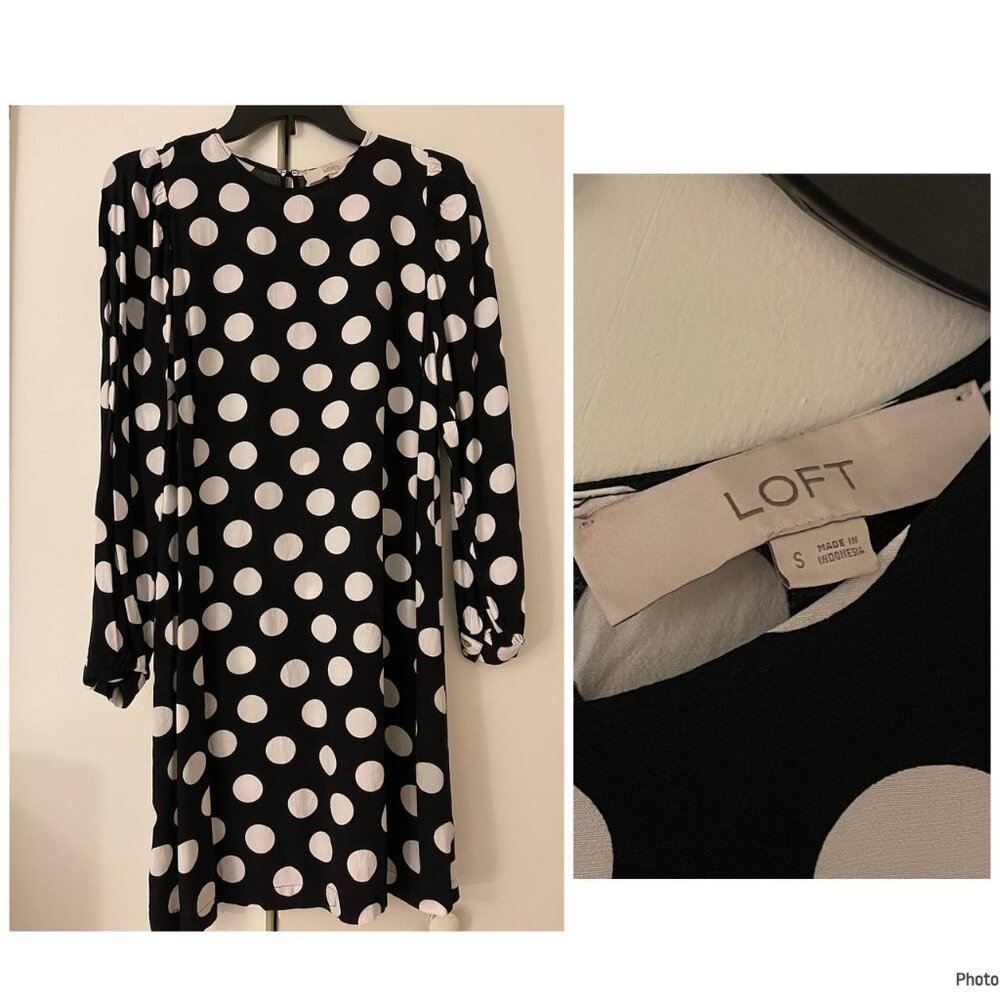 LOFT Black White Polka Dot Shift Dress , Size S